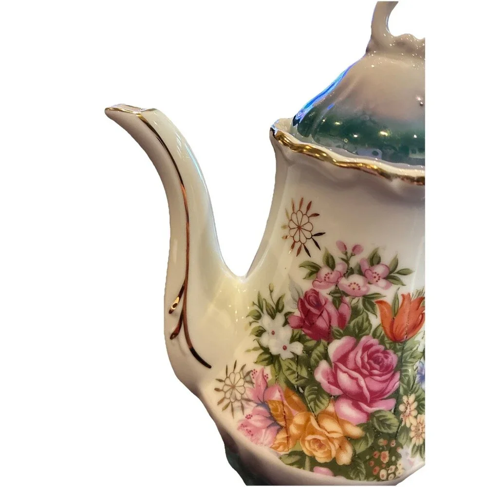 Vintage KPM Japan Floral Porcelain Teapot Gold Trim Coffee Pot Mid Century